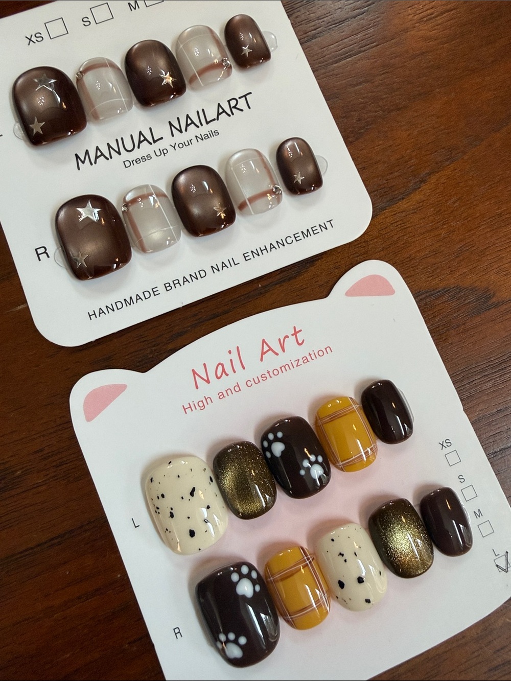 Neutral Fall Press-On Nail Sets with Paw & Star Accents Cat Eye- short large